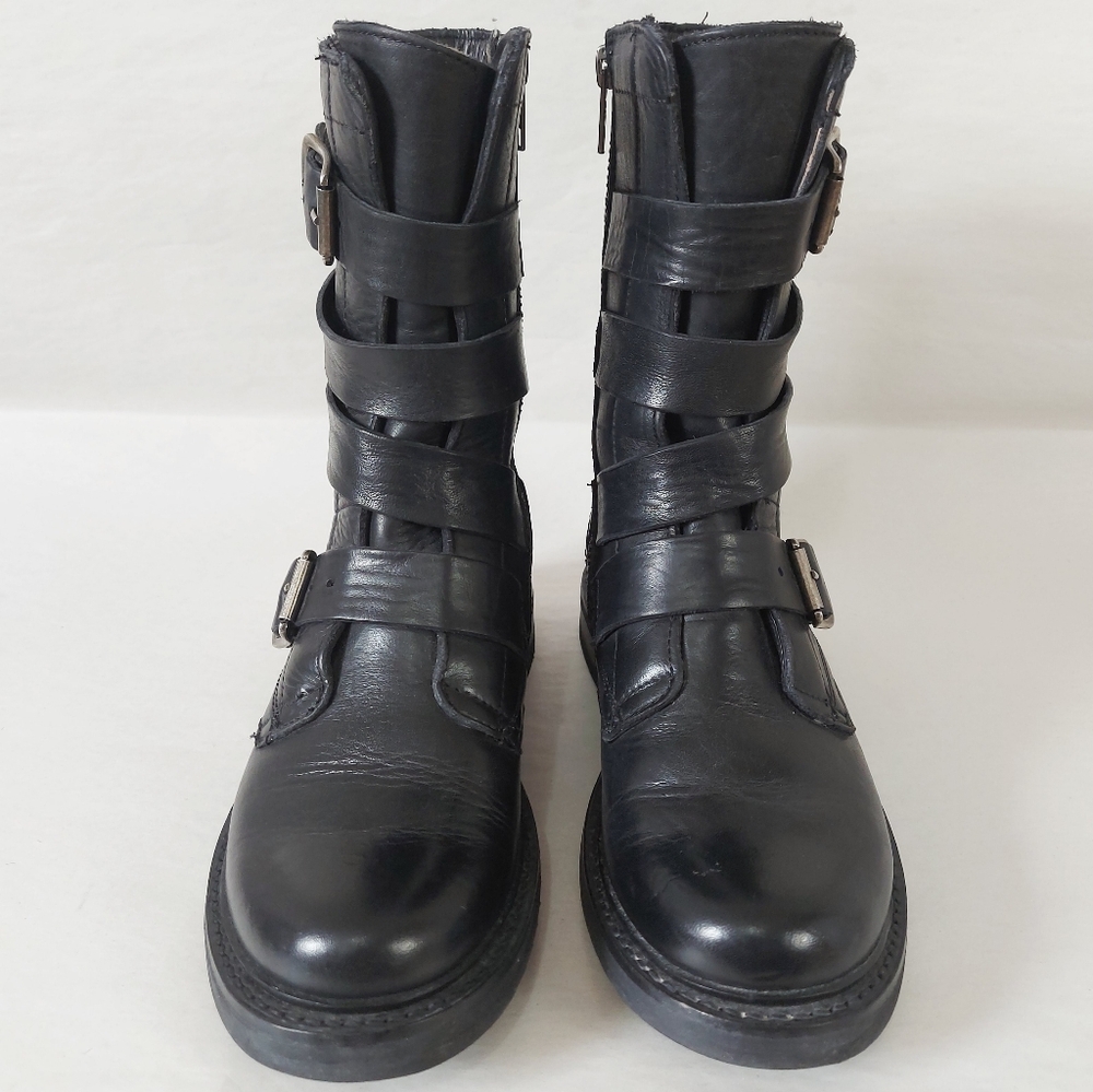 Frye Women Veronica Tanker Moto Buckle Biker Black Leather Boots Combat 5.5 B
